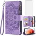 thumbnail image 1 of Compatible with Samsung Galaxy S22 5G Wallet Phone Case and Tempered Glass Screen Protector Flower Faux Leather Flip Credit Card Holder Stand Zipper Cell Cover for S 22 4G G5 6.1 inch Women Purple, 1 of 9