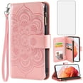thumbnail image 1 of Compatible with Samsung Galaxy S22 5G Wallet Phone Case and Tempered Glass Screen Protector Flower Faux Leather Flip Credit Card Holder Stand Zipper Cell Cover for S 22 4G G5 6.1 inch Women Pink, 1 of 9
