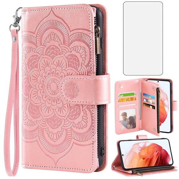 Compatible with Samsung Galaxy S22 5G Wallet Phone Case and Tempered Glass Screen Protector Flower Faux Leather Flip Credit Card Holder Stand Zipper Cell Cover for S 22 4G G5 6.1 inch Women Pink