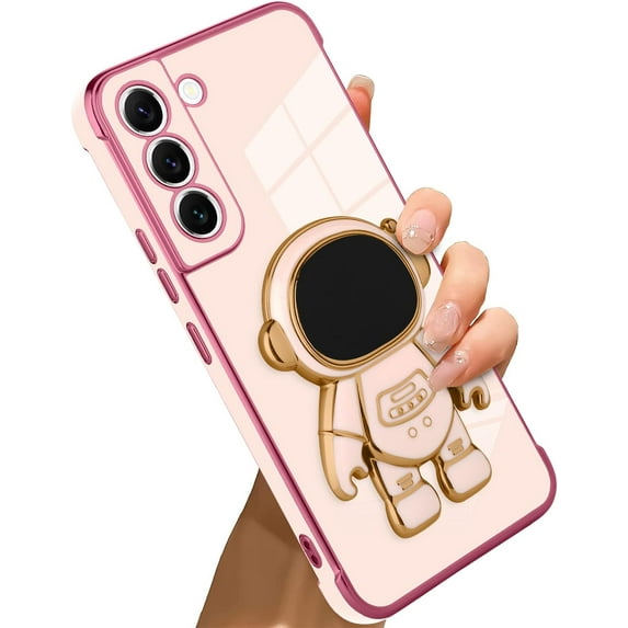 Compatible with Samsung Galaxy S22 Case Astronaut Plating Electroplate Luxury Elegant Case Camera Protector Kickstand Shockproof Protective Corner Back Cover Galaxy S22 Case -Pink