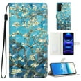 thumbnail image 1 of Compatible with Samsung Galaxy S22 Case, Colored Drawing Wallet Women Girls PU Leather Case with Card Slots/Cash Pocket Wrist Strap Magnetic Flip Stand Book Kickstand Cover, Blue Apricot Flower, 1 of 7