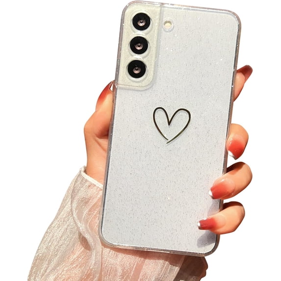 Compatible with Samsung Galaxy S22 Case, Cute Heart Bling Glitter Clear Case for Women, Shockproof Protective Transparent Soft Cover for Samsung S22 5G 6.1 inches (Heart d)
