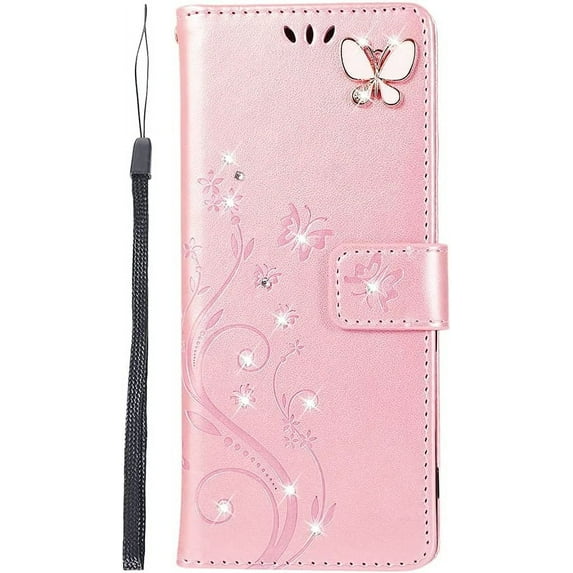 Compatible with Samsung Galaxy S22 Case Glitter with Card Holder Flip Wallet Phone Case for Women Crystal Butterfly Shockproof Protective Case for Samsung Galaxy S22,Rose Gold GY