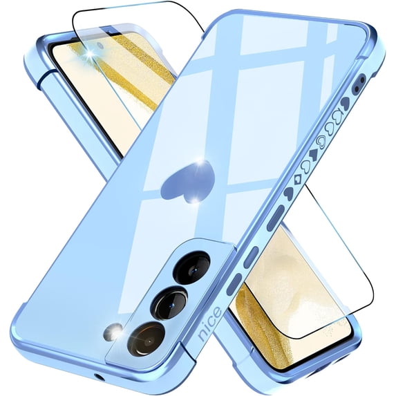 Compatible with Samsung Galaxy S22 Case with HD Screen Protector Shockproof Protection, Love Heart Plating Girly Women Cute Soft TPU Luxury Elegant Case for Galaxy S22 5G Case, Blue