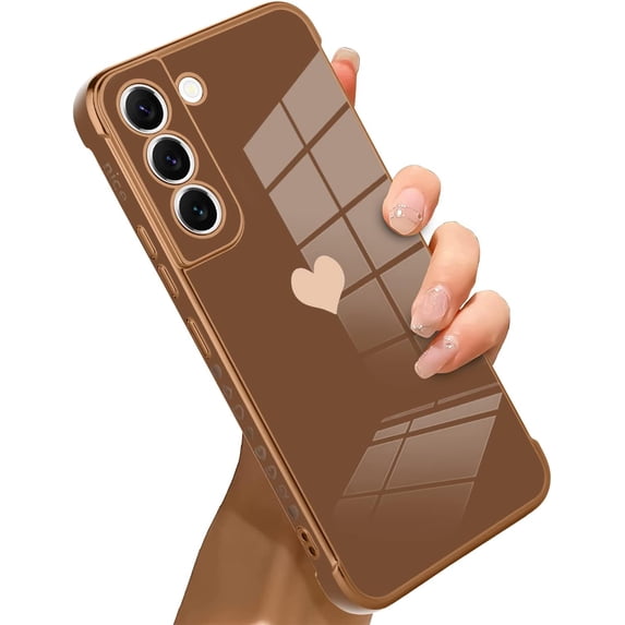 Compatible with Samsung Galaxy S22 Case Love Heart Plating Electroplate Luxury Elegant Case Camera Protector Soft TPU Shockproof Protective Corner Back Cover Galaxy S22 Case -Brown