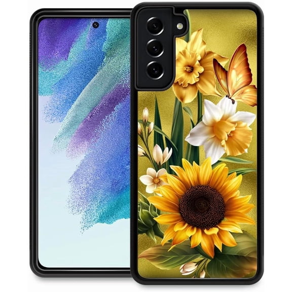 Compatible with Samsung Galaxy S22 Case, Pattern Design Hard PC Back Cover Non-Slip Soft TPU Protective Case for Samsung Galaxy S22 for Women 6.2inch-Butterfly Golden Sunflower