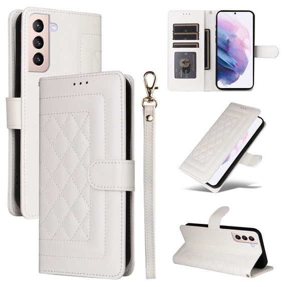 Compatible with Samsung Galaxy S22 Case, Premium Leather Wallet Book Case Magnetic Flip RFID Blocking Credit Card Holder Kickstand with Wrist Strap Shock Absorbing Case, White