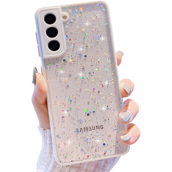 Compatible with Samsung Galaxy S22 Case for Women Girls,Soft Slim Fit Full-Around Protective Cute Clear Sparkly Bling Star Phone Case Glitter Cover for Samsung Galaxy S22-White