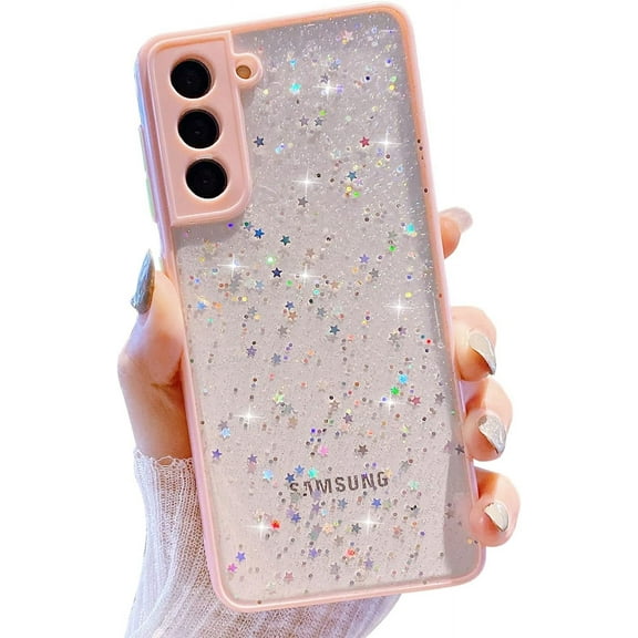 Compatible with Samsung Galaxy S22 Case for Women Girls,Soft Slim Fit Full-Around Protective Cute Clear Sparkly Bling Star Phone Case Glitter Cover for Samsung Galaxy S22-Pink
