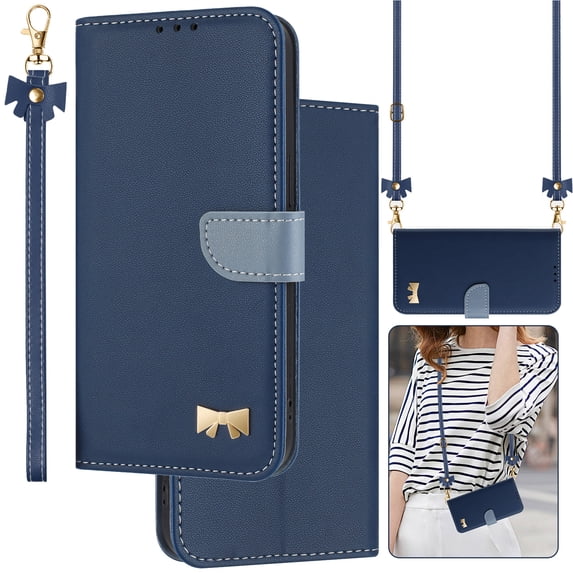 Compatible with Samsung Galaxy S22 Crossbody Wallet Case,RFID Blocking Card Holder Slots Soft PU Leather+Inner TPU Magnetic Closure Shoulder Strap& Wrist Strap Bow Design Phone Case,Darkblue
