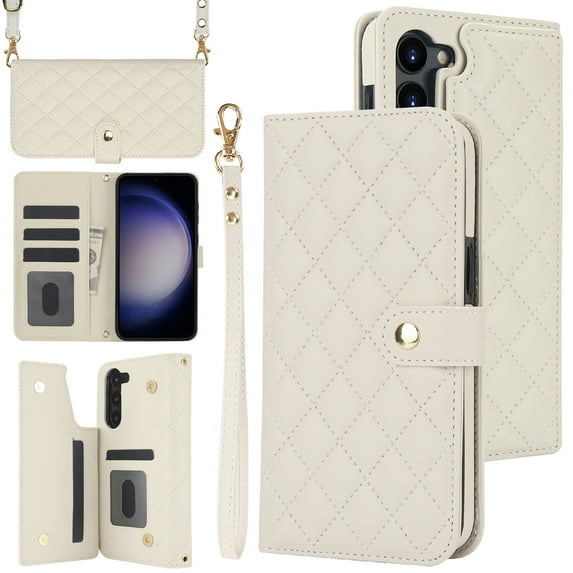 Compatible with Samsung Galaxy S22 Litchi Texture PU Leather Case with Card Holder Wrist Strap, Wallet Flip Cover for Galaxy S22 Men/Women Crossbody Strap RFID Blocking Kickstand, White