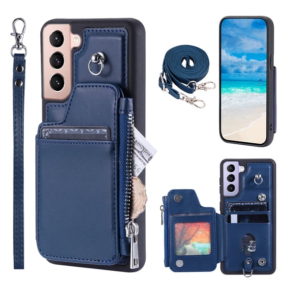 Compatible with Samsung Galaxy S22 PU Leather Clasp Flip Zipper Purse Case, with Shoulder Strap Lanyard for Women Credit Card Holder Cell Accessories Phone Cover for Samsung Galaxy S22, Blue