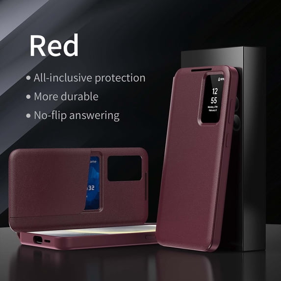 Compatible WIth Samsung Galaxy S22 Phone Case,Flip Cover,With Card Slots,With Intelligent Window,PU Leather Shockproof Anti-fall Thin Fit Phone Case for Samsung Galaxy S22,Red