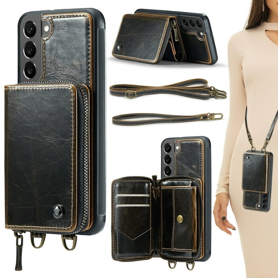 Compatible With Samsung Galaxy S22 Phone Case Zipper Card Pocket Kicktstand Crossbody Strap PU Leather Shock-absorbent Anti-Fingerprint Lightweight Luxury Plain Cover for Men or Women,Coffee