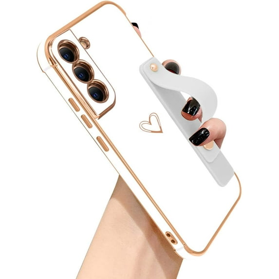 Compatible with Samsung Galaxy S22 Plus 6.6" 2022 Case Thin for Women Girls,Soft TPU Plating Bumper Wristband Holder Case Slim Anti-Scratch Shockproof Love Heart Cute Case(Elegant White)