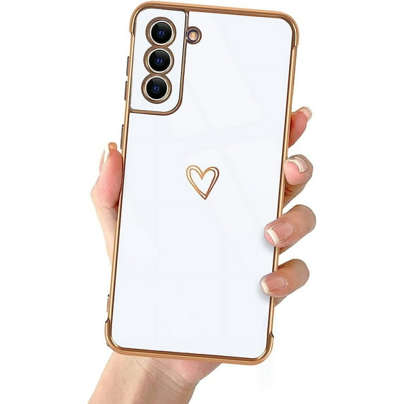 Compatible with Samsung Galaxy S22 Plus 6.6" 2022 Cute Case Thin for Women Girls,Soft TPU Plating Bumper Love Heart Case Anti-Scratch Shockproof Raised Reinforced Corners Case(Elegant White)