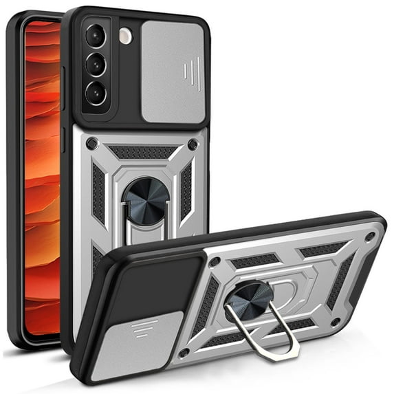 Compatible with Samsung Galaxy S22 Plus Case with Sliding Camera Lens Cover and Ring Kickstand Heavy Duty Military Grade Protection Phone Shockproof Back Cover for Samsung S22 Plus, Silver