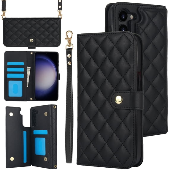 Compatible with Samsung Galaxy S22 Plus Litchi Texture PU Leather Case with Card Holder Wrist Strap, Wallet Flip Cover for Galaxy S22 Plus Men/Women Crossbody Strap RFID Blocking Kickstand, Black