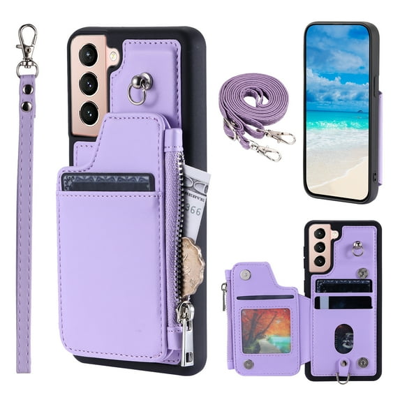 Compatible with Samsung Galaxy S22 Plus PU Leather Clasp Flip Zipper Purse Case, with Shoulder Strap Lanyard for Women Credit Card Holder Cell Accessories Phone Cover for Samsung S22 Plus, Purple