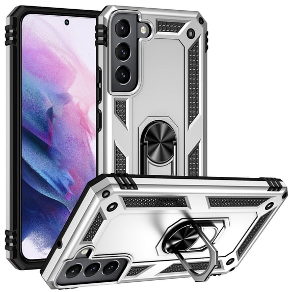 Compatible with Samsung Galaxy S22 Plus Protective Case,Heavy Duty Shockproof Armor Phone Case with 360° Rotating Metal Ring Holder Kickstand Military Grade Protection Rugged Cover,Silver