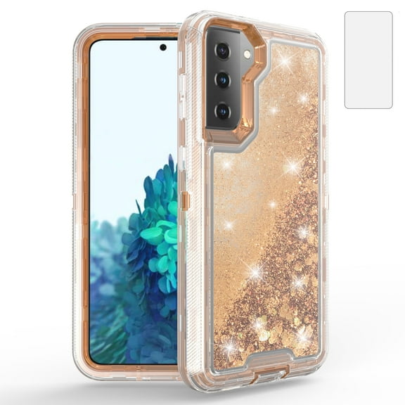 Compatible with Samsung Galaxy S22 Plus S22+ 5G Phone Case Tempered Glass Screen Protector Bling Liquid Glitter Clear Hybrid Shockproof TPU Military Grade Protective Heavy Duty Cell Cover Women Gold