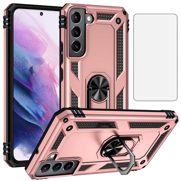 Compatible with Samsung Galaxy S22 Plus S22+ 5G Phone Case Tempered Glass Screen Protector Slim Magnetic Ring Holder Stand Hybrid Protective Cell Cover for S22+5G S22plus 22S + S 22 Women Men Pink