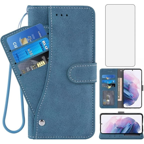 Compatible with Samsung Galaxy S22 Plus S22+ 5G Wallet Case and Tempered Glass Screen Protector Flip Credit Card Holder Stand Cell Phone Cover for S22+5G S22plus 22S + S 22 22+ 6.6 inch Blue