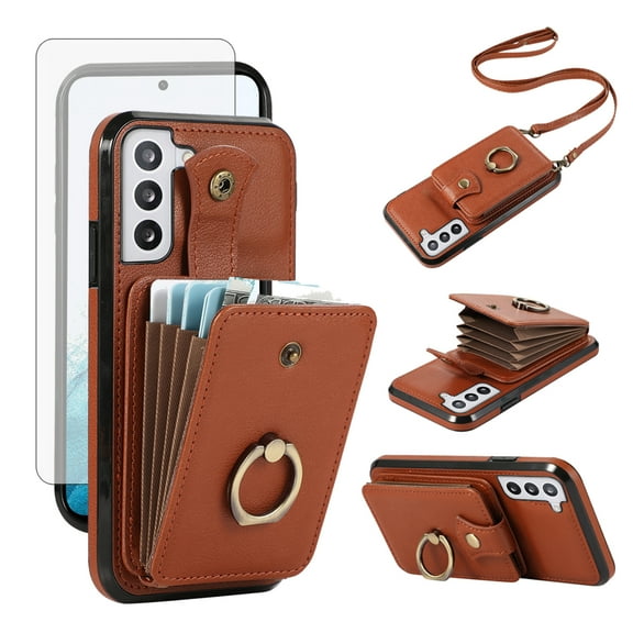 Compatible with Samsung Galaxy S22 Plus S22+ 5G Wallet Phone Case Screen Protector Ring Crossbody Strap Stand Credit Card Holder RFID Cell Cover for S22+5G S22plus 22S + S 22 22+ Women Girls Brown