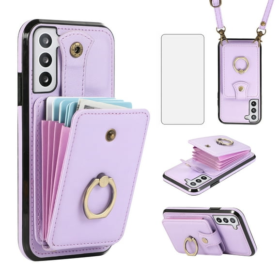 Compatible with Samsung Galaxy S22 Plus S22+ 5G Wallet Phone Case Screen Protector Ring Crossbody Strap Stand Credit Card Holder RFID Cell Cover for S22+5G S22plus 22S + S 22 22+ Women Girls Purple
