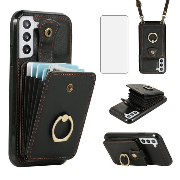 Compatible with Samsung Galaxy S22 Plus S22+ 5G Wallet Phone Case Screen Protector Ring Crossbody Strap Stand Credit Card Holder RFID Cell Cover for S22+5G S22plus 22S + S 22 22+ Women Girls Black