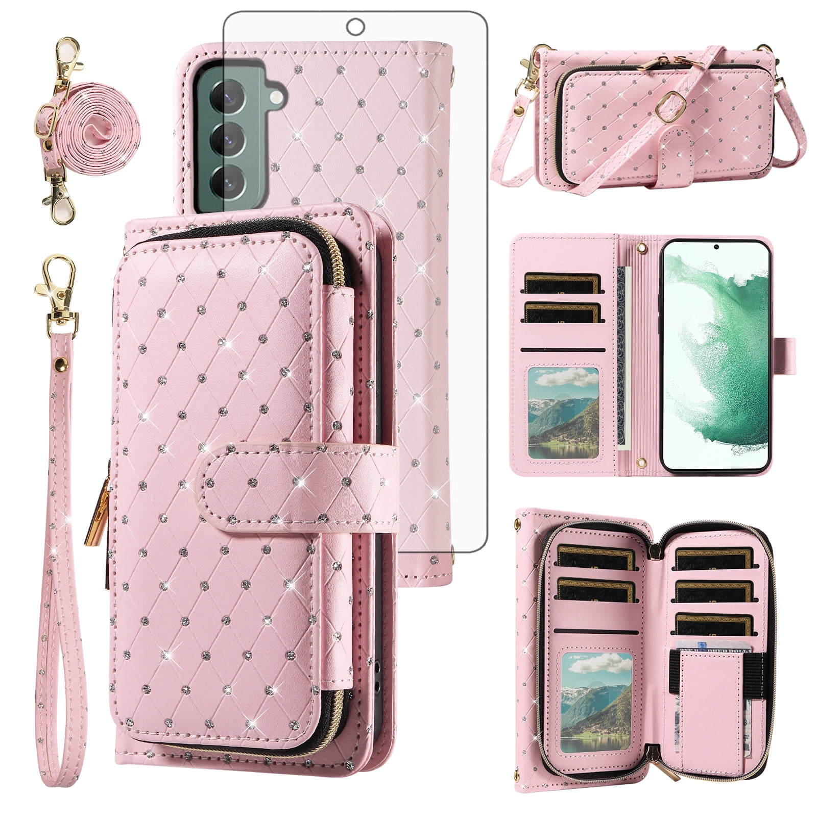 Compatible with Samsung Galaxy S22 Plus S22+ 5G Wallet Phone Case Tempered Glass Screen Protector Bling Glitter Crossbody Lanyard Strap Flip Zipper Purse Card Holder Cell Cover for S22 S + Women Pink