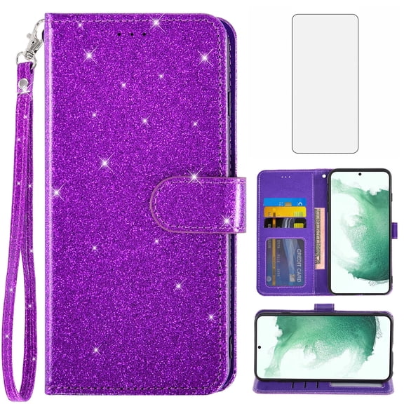 Compatible with Samsung Galaxy S22 Plus S22+ 5G Wallet Phone Case and Tempered Glass Screen Protector Flip Credit Card Holder Stand Bling Glitter Cell Cover for S22+5G S22plus 22S S 22+ Women Purple