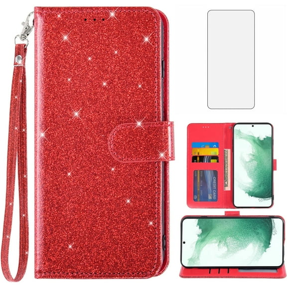 Compatible with Samsung Galaxy S22 Plus S22+ 5G Wallet Phone Case and Tempered Glass Screen Protector Flip Credit Card Holder Stand Bling Glitter Cell Cover for S22+5G S22plus 22S S 22+ Women Red