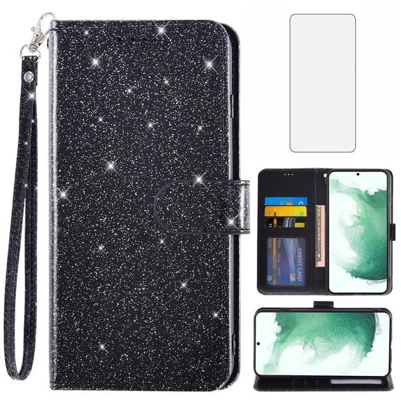 Compatible with Samsung Galaxy S22 Plus S22+ 5G Wallet Phone Case and Tempered Glass Screen Protector Flip Credit Card Holder Stand Bling Glitter Cell Cover for S22+5G S22plus 22S S 22+ Women Black