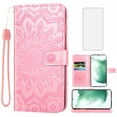 thumbnail image 1 of Compatible with Samsung Galaxy S22 Plus S22+ 5G Wallet Phone Case and Tempered Glass Screen Protector Flip Credit Card Holder Stand Mandala Flower Cell Cover for S22+5G S22plus 22S + S 22 22+ Pink, 1 of 9