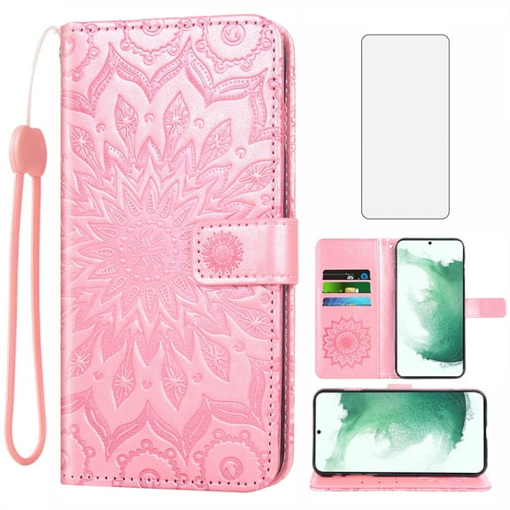 Compatible with Samsung Galaxy S22 Plus S22  5G Wallet Phone Case and Tempered Glass Screen Protector Flip Credit Card Holder Stand Mandala Flower Cell Cover for S22 5G S22plus 22S   S 22 22  Pink