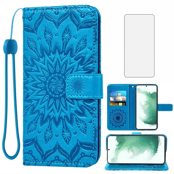 Compatible with Samsung Galaxy S22 Plus S22+ 5G Wallet Phone Case and Tempered Glass Screen Protector Flip Credit Card Holder Stand Mandala Flower Cell Cover for S22+5G S22plus 22S + S 22 22+ Blue