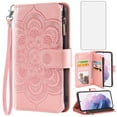thumbnail image 1 of Compatible with Samsung Galaxy S22 Plus S22+ 5G Wallet Phone Case and Tempered Glass Screen Protector Flower Faux Leather Flip Credit Card Holder Stand Zipper Cell Cover for S22+5G S 22+ Women Pink, 1 of 9