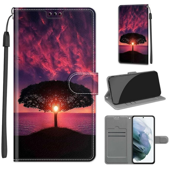 Compatible with Samsung Galaxy S22 Plus Wallet Case for Men Women, Premium PU Leather Flip Cover with Card Holder, Wrist Strap, Kickstand Shockproof Magnetic Clasp Case, Black Tree + Sunset