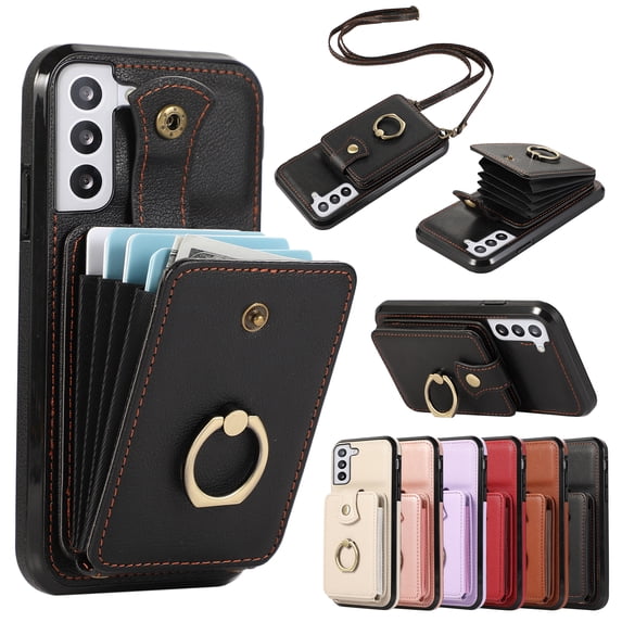 Compatible with Samsung Galaxy S22 Plus Wallet Case, PU Leather Case with Card Holder, 360° Rotation Ring Kickstand, Shoulder Strap, Magnetic Snap Protective Case Designed for S22 Plus, Black
