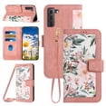thumbnail image 1 of Compatible with Samsung Galaxy S22 Plus Wallet Case for Women, Shoulder Strap + Wristband Premium PU Leather Floral Flip Cover with Card Holder Kickstand Feature Protective Purse Case, Pink, 1 of 9