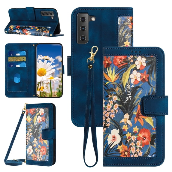 Compatible with Samsung Galaxy S22 Plus Wallet Case for Women, Shoulder Strap + Wristband Premium PU Leather Floral Flip Cover with Card Holder Kickstand Feature Protective Purse Case, Darkblue