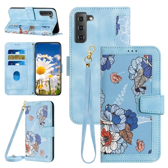 Compatible with Samsung Galaxy S22 Plus Wallet Case for Women, Shoulder Strap + Wristband Premium PU Leather Floral Flip Cover with Card Holder Kickstand Feature Protective Purse Case, Blue
