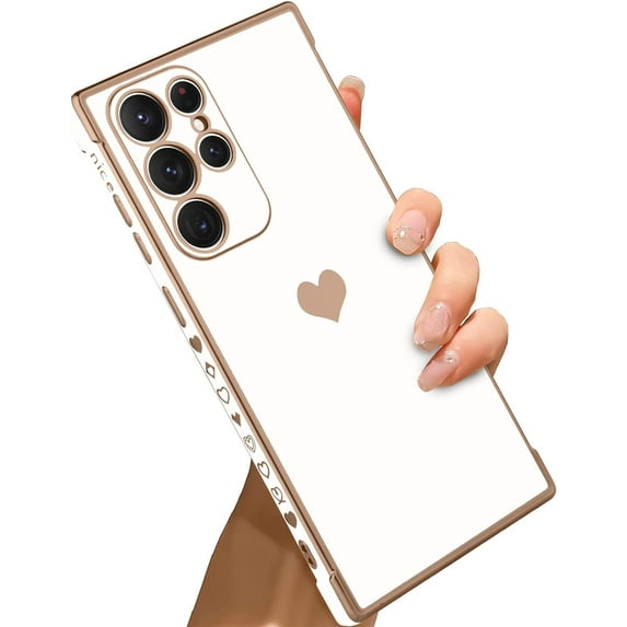 Compatible with Samsung Galaxy S22 Ultra 5G Case Love Heart Plating Electroplate Luxury Elegant Case Camera Protector Soft TPU Protective Corner Back Cover Galaxy S22 Ultra 5G Case -White