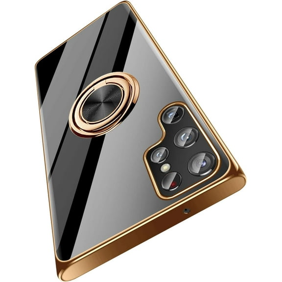 Compatible with Samsung Galaxy S22 Ultra 5G Case Ring Holder Kickstand Magnetic Phone Case Soft Silicone Shockproof TPU Scratch Resistant Protective Cover, 6.8 inch - Black