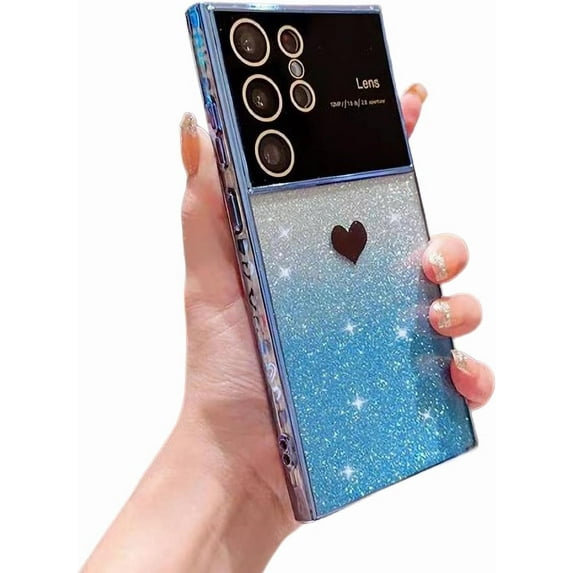Compatible with Samsung Galaxy S22 Ultra 5G Plating Cute Heart Phone Case,Gradient Glitter Bling Clear Case Women Full Camera Lens Protection Soft Shockproof Bumper Cover (Seirra Blue)