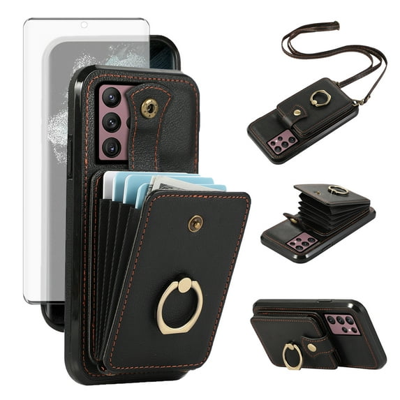 Compatible with Samsung Galaxy S22 Ultra 5G Wallet Phone Case Screen Protector Ring Crossbody Strap Stand Credit Card Holder RFID Cell Cover for S22ultra 22S S 22 S22ultra5g 6.8 Women Girls Black