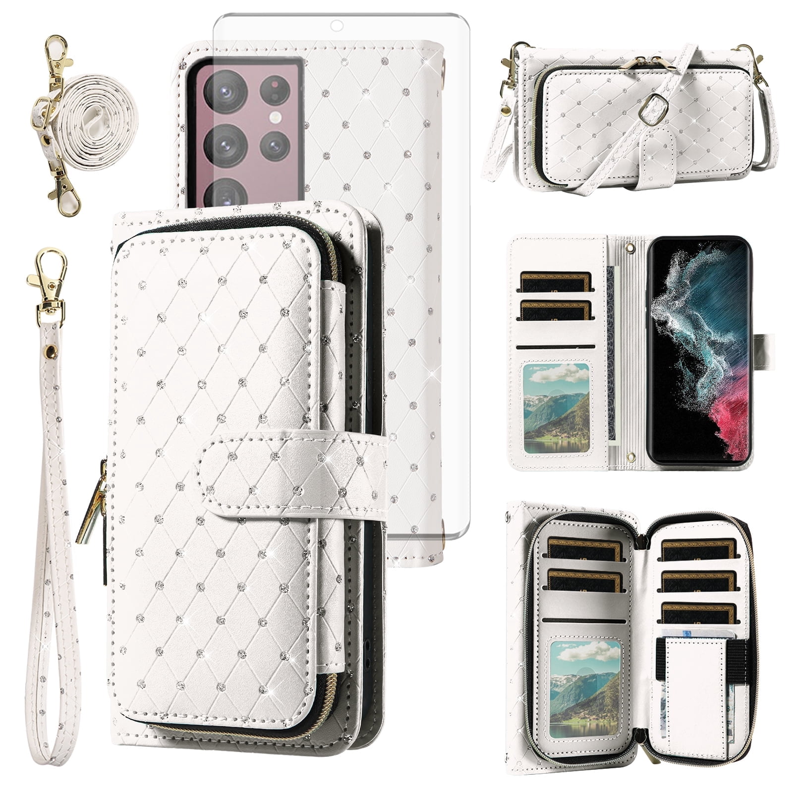 Compatible with Samsung Galaxy S22 Ultra 5G Wallet Phone Case Tempered Glass Screen Protector Bling Glitter Crossbody Lanyard Strap Flip Zipper Purse Card Holder Cell Cover for S22ultra Women White