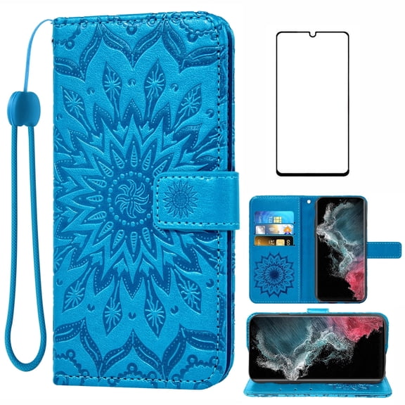 Compatible with Samsung Galaxy S22 Ultra 5G Wallet Phone Case and Tempered Glass Screen Protector Flip Credit Card Holder Stand Mandala Flower Cell Cover for S22ultra 22S S 22 S22ultra5g 6.8 Blue