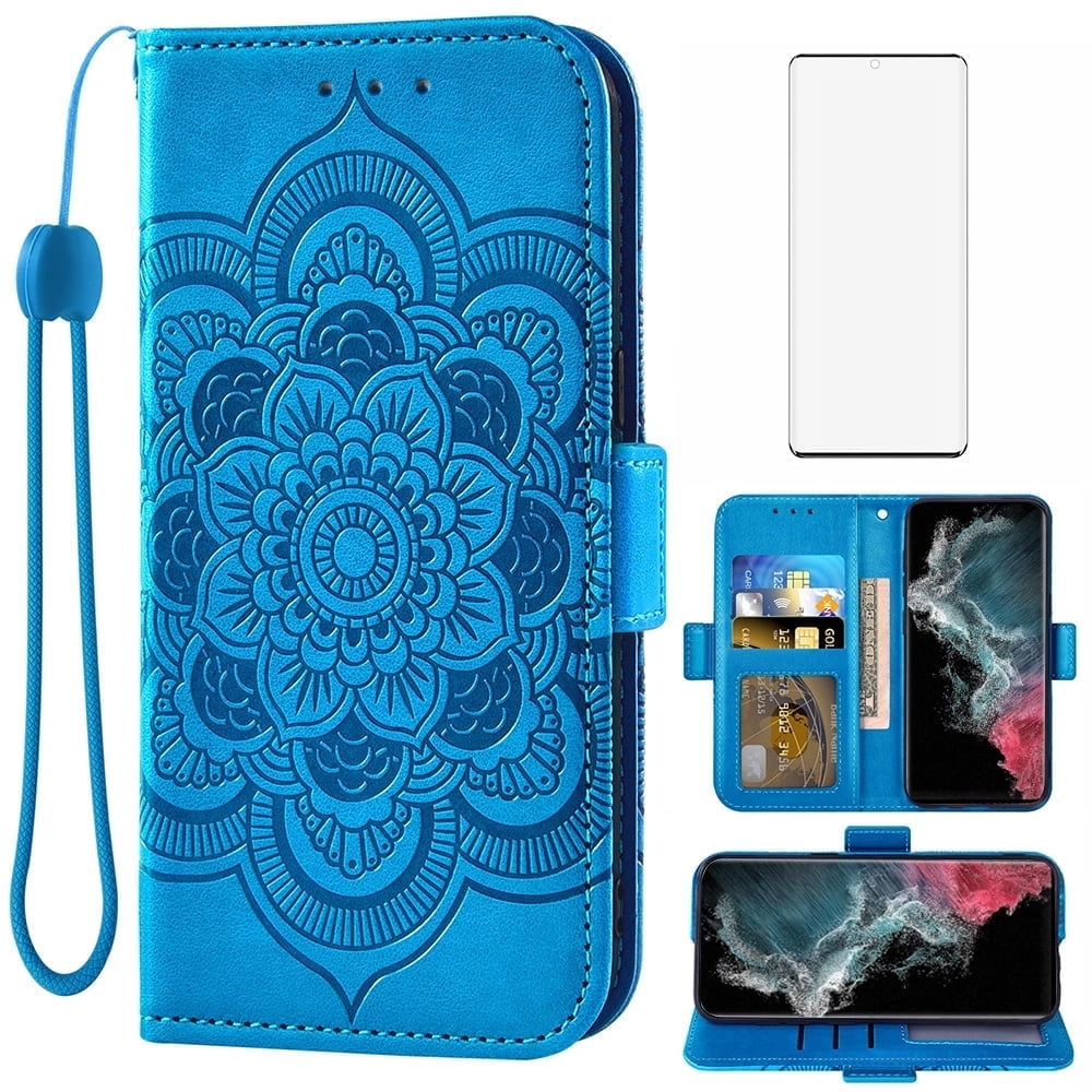 Compatible with Samsung Galaxy S22 Ultra 5G Wallet Phone Case and Tempered Glass Screen Protector Flip Credit Card Holder Stand Mandala Flower Cell Cover for S22ultra 22S S 22 S22ultra5g 6.8 Blue